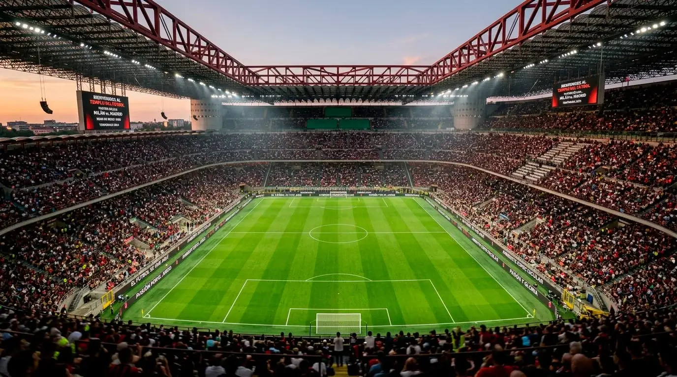 Estadio Giuseppe Meazza de Milán al anochecer durante un partido de Serie A