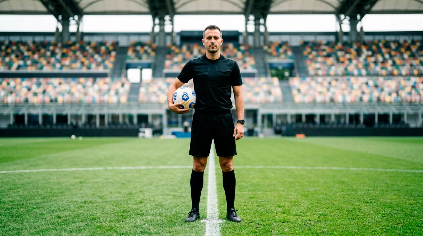 Árbitro de fútbol con uniforme negro sosteniendo un balón oficial de Serie A en el círculo central del campo antes del inicio de un partido