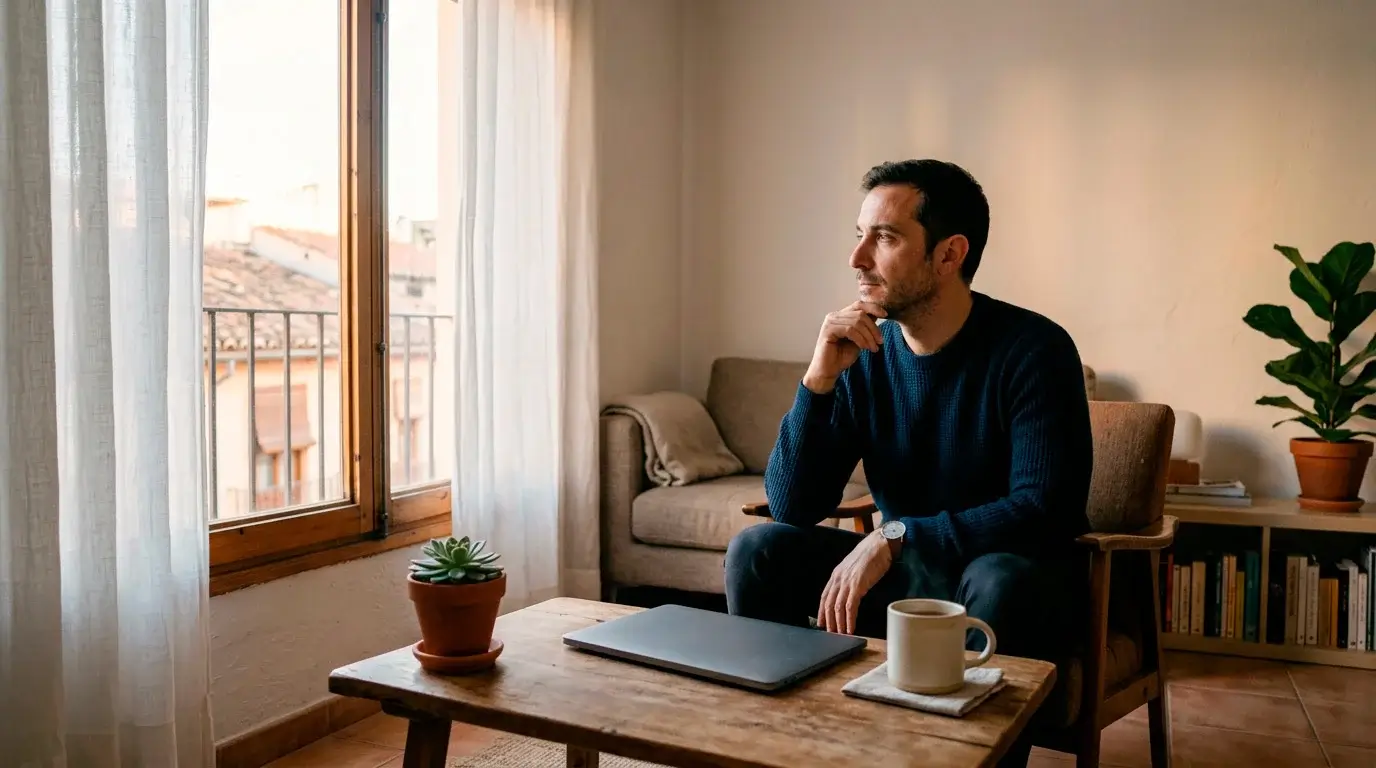 Hombre adulto en una sala tranquila de su casa reflexionando junto a la ventana al amanecer