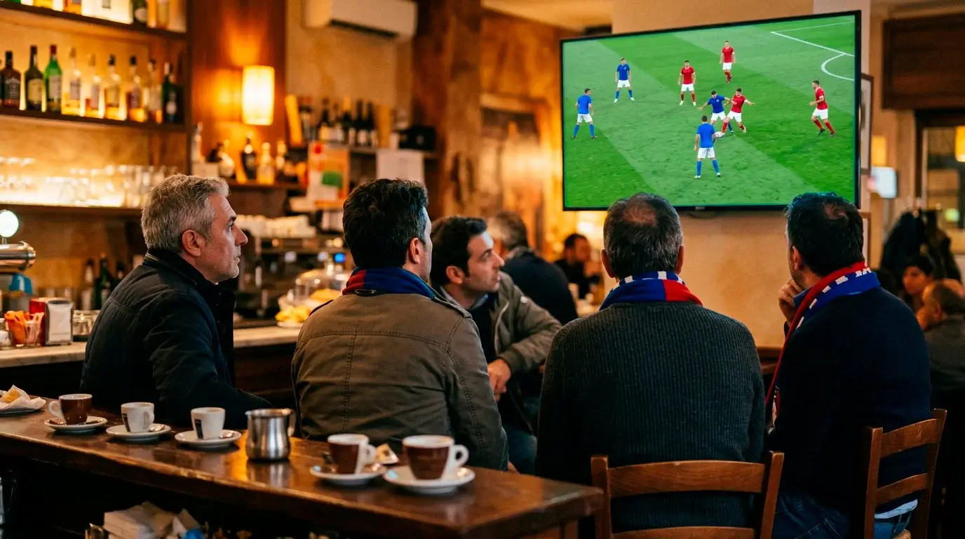 Aficionados siguen un partido de Serie A en un bar italiano con la transmisión en una pantalla grande