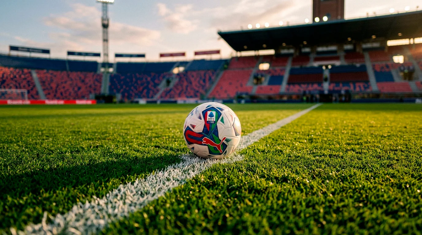 Plano detallado del césped de un estadio italiano de fútbol con un balón de Serie A sobre la línea de centro al atardecer