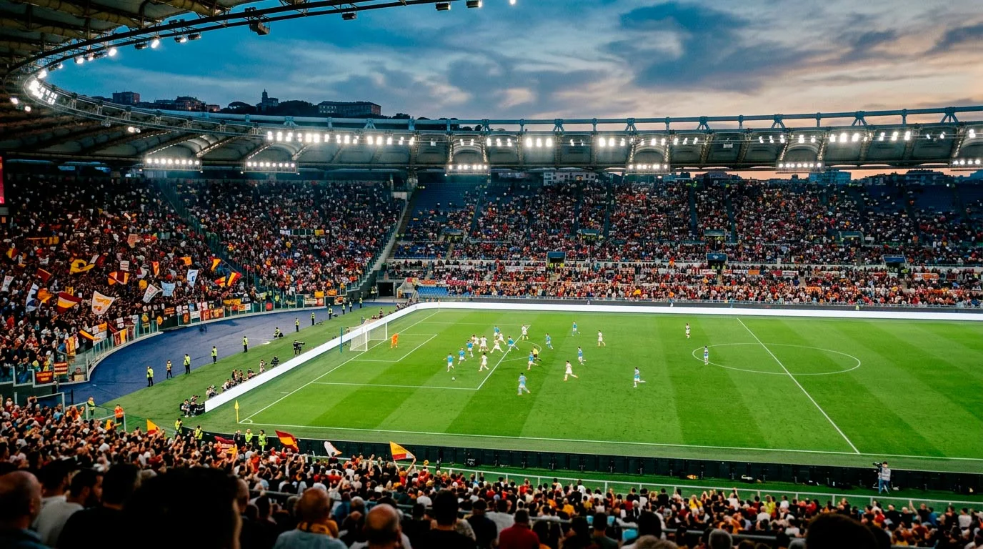 Estadio italiano lleno durante un partido de Serie A visto desde tribuna alta con las luces del recinto encendidas al anochecer