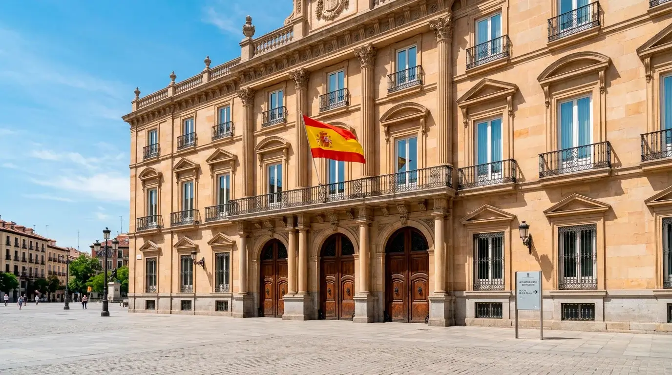 Fachada institucional de un edificio administrativo español con la bandera de España ondeando al fondo