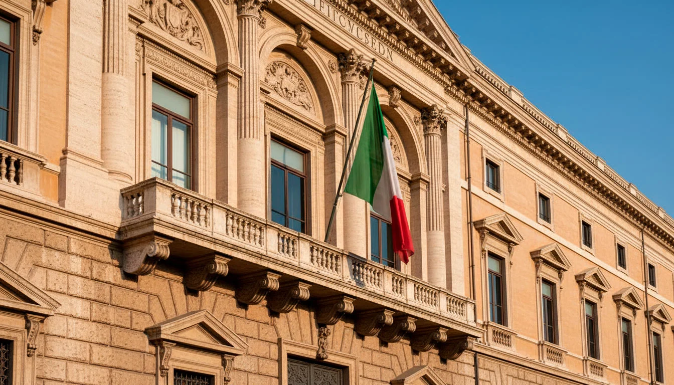 Fachada clásica de un palacio institucional italiano con bandera tricolor flameando al sol de la tarde